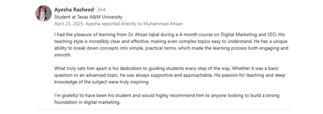 Ayesha Rasheed About Muhammad Ahsan Iqbal SEO