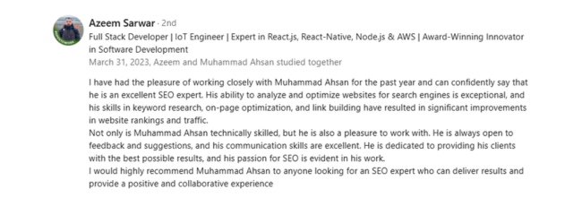 Azeem Sarwar About Muhammad Ahsan Iqbal SEO