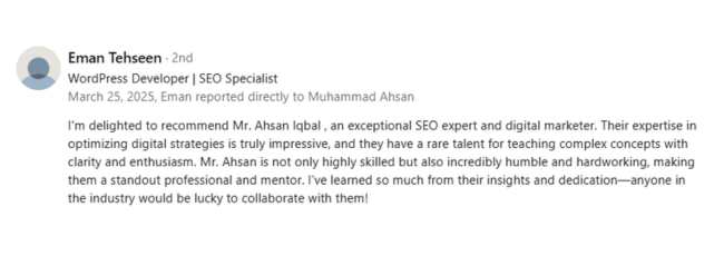 Eman Tehseen About Muhammad Ahsan Iqbal SEO