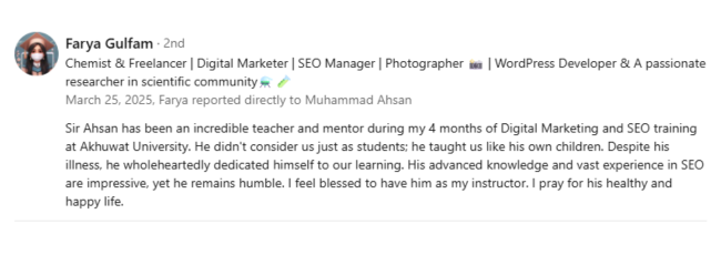 Farya Gulfam About Muhammad Ahsan Iqbal SEO