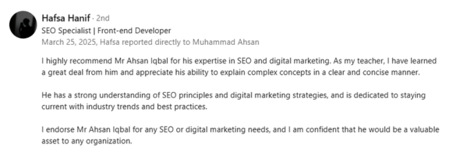 Hafsa Hanif About Muhammad Ahsan Iqbal SEO