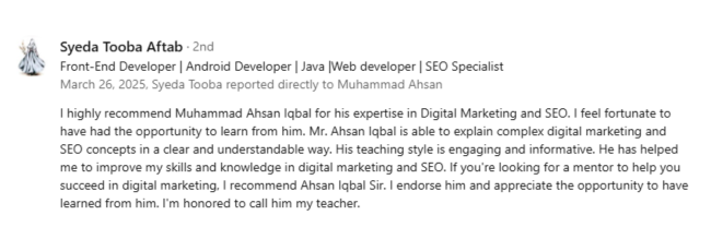 Syedaa Tooba Aftab About Muhammad Ahsan Iqbal SEO